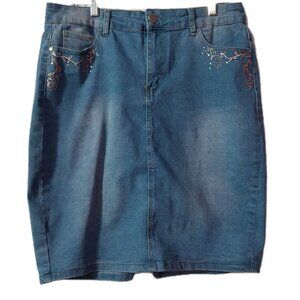 Oak & Poppy Jean Skirt Women’s Size Large Denim Floral Embroidered Length 22"